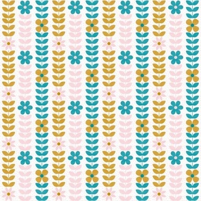 Small Scale Scandi Vine and Flowers Lagoon Blue Mustard Yellow Cotton Candy Pink
