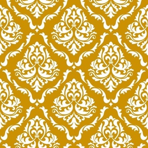 Large Scale Damask Floral White on Mustard Yellow Petal Solid Coordinate