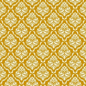 Medium Scale Damask Floral White on Mustard Yellow Petal Solid Coordinate