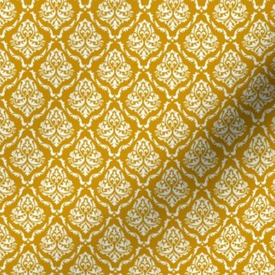 Small Scale Damask Floral White on Mustard Yellow Petal Solid Coordinate