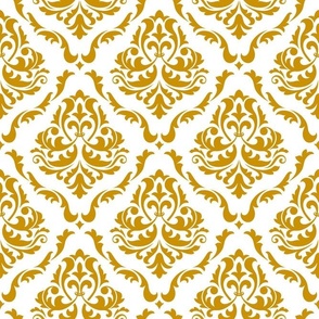 Large Scale Damask Floral Mustard Yellow on White Petal Solid Coordinate