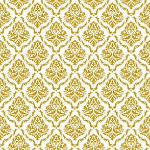 Medium Scale Damask Floral Mustard Yellow on White Petal Solid Coordinate