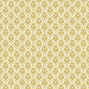 Small Scale Damask Floral Mustard Yellow on White Petal Solid Coordinate