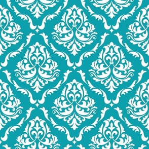 Large Scale Damask Floral White on Lagoon Turquoise Blue Petal Solid Coordinate