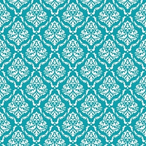 Medium Scale Damask Floral White on Lagoon Turquoise Blue Petal Solid Coordinate