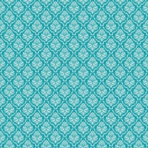 Small Scale Damask Floral White on Lagoon Turquoise Blue Petal Solid Coordinate