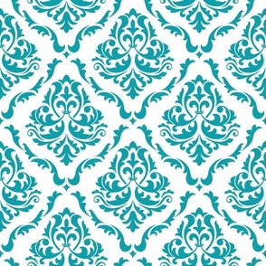 Large Scale Damask Floral Lagoon Turquoise Blue on White Petal Solid Coordinate