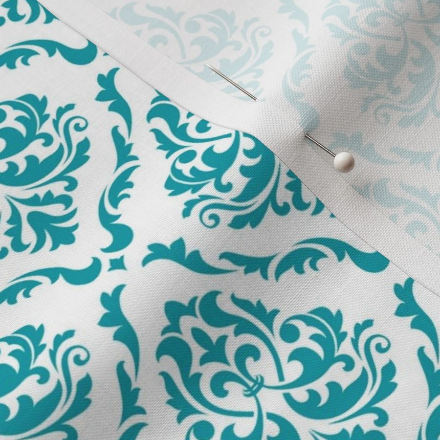 Medium Scale Damask Floral Lagoon Turquoise Blue on White Petal Solid Coordinate