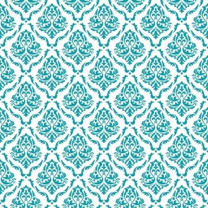 Medium Scale Damask Floral Lagoon Turquoise Blue on White Petal Solid Coordinate