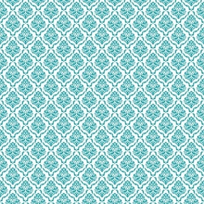 Small Scale Damask Floral Lagoon Turquoise Blue on White Petal Solid Coordinate