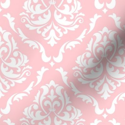 Large Scale Damask Floral White on Cotton Candy Pink Petal Solid Coordinate