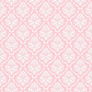 Medium Scale Damask Floral White on Cotton Candy Pink Petal Solid Coordinate