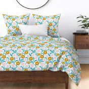 Large Scale Floral Lagoon Blue Mustard Yellow Gold Cotton Candy Pink Flowers and Vines