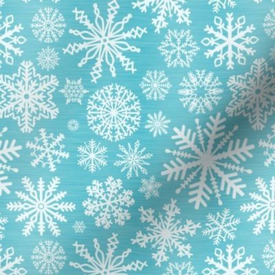 Medium Scale Snowstorm - White Snowflakes on Aqua Blue Texture 