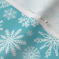 Medium Scale Snowstorm - White Snowflakes on Aqua Blue Texture 