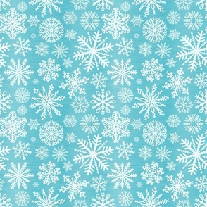 Medium Scale Snowstorm - White Snowflakes on Aqua Blue Texture 