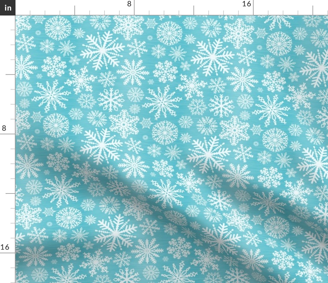 Medium Scale Snowstorm - White Snowflakes on Aqua Blue Texture 