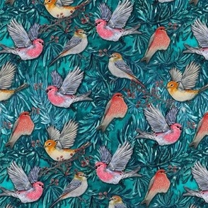 Pine trees with birds in pink and yellow on  teal
