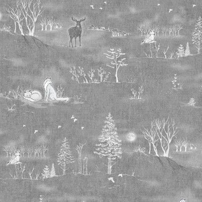 Winter Forest Toile, White on Silver Gray | Forest fabric, snow, nature, woodland trees, Christmas fabric, hand drawn wildlife: fox, moose and owl.