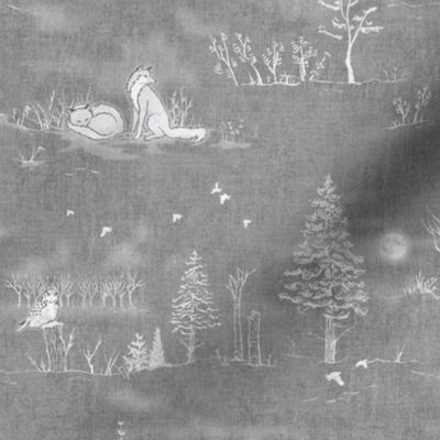 Winter Forest Toile, White on Silver Gray (large scale) | Forest fabric, snow, nature, woodland trees, Christmas fabric, hand drawn wildlife: fox, moose and owl.