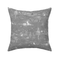 Winter Forest Toile, White on Silver Gray (large scale) | Forest fabric, snow, nature, woodland trees, Christmas fabric, hand drawn wildlife: fox, moose and owl.