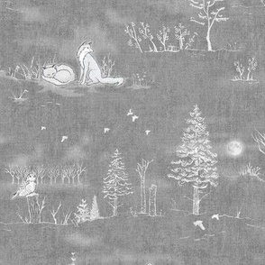 Winter Forest Toile, White on Silver Gray (large scale) | Forest fabric, snow, nature, woodland trees, Christmas fabric, hand drawn wildlife: fox, moose and owl.