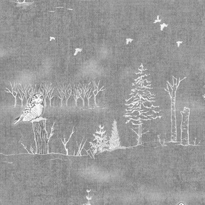 Winter Forest Toile, White on Silver Gray (xl scale) | Forest fabric, snow, nature, woodland trees, Christmas fabric, hand drawn wildlife: fox, moose and owl.