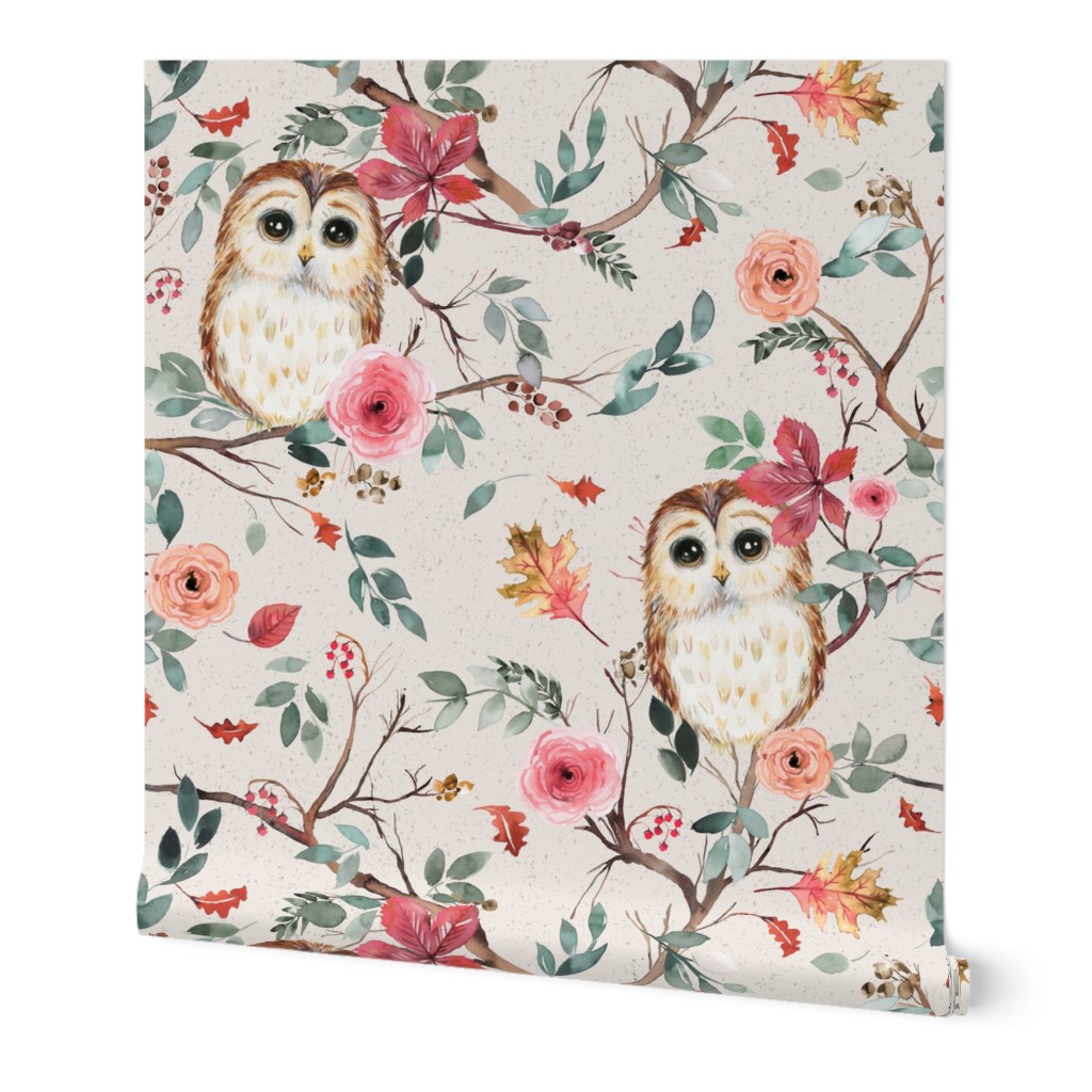 Forest owls watercolor - Rustic forest - Green red beige - Medium