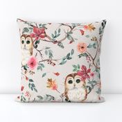 Forest owls watercolor - Rustic forest - Green red beige - Medium