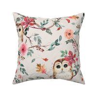 Forest owls watercolor - Rustic forest - Green red beige - Medium