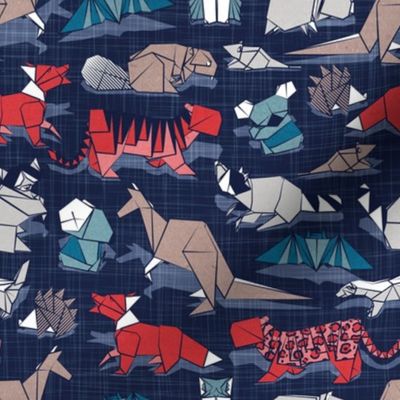 Small scale // Origami nocturnal animal friends // oxford navy blue linen texture background red fox tiger and leopard teal bat owl and koala grey raccoon honey badger and mouse taupe brown kangaroo beaver and hedgehog