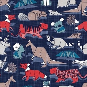 Small scale // Origami nocturnal animal friends // oxford navy blue linen texture background red fox tiger and leopard teal bat owl and koala grey raccoon honey badger and mouse taupe brown kangaroo beaver and hedgehog