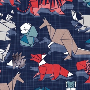 Large jumbo scale // Origami nocturnal animal friends // oxford navy blue linen texture background red fox tiger and leopard teal bat owl and koala grey raccoon honey badger and mouse taupe brown kangaroo beaver and hedgehog