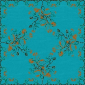 Squared Vines in Turquoise Blue, Brown, Orange and Green 