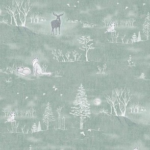 Winter Forest Toile, White on Sea Mist | Teal forest fabric, snow, nature, woodland trees, Christmas fabric, hand drawn wildlife: fox, moose and owl.