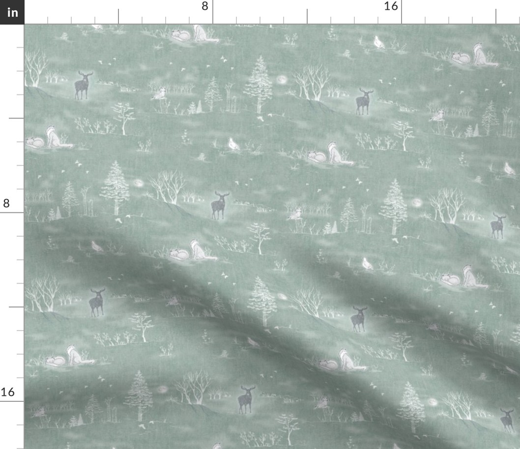Winter Forest Toile, White on Sea Mist | Teal forest fabric, snow, nature, woodland trees, Christmas fabric, hand drawn wildlife: fox, moose and owl.