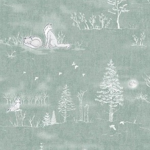 Winter Forest Toile, White on Sea Mist (large scale) | Teal forest fabric, snow, nature, woodland trees, Christmas fabric, hand drawn wildlife: fox, moose and owl.