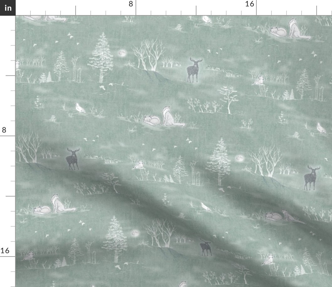 Winter Forest Toile, White on Sea Mist (large scale) | Teal forest fabric, snow, nature, woodland trees, Christmas fabric, hand drawn wildlife: fox, moose and owl.