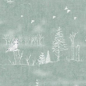 Winter Forest Toile, White on Sea Mist (xl scale) | Teal forest fabric, snow, nature, woodland trees, Christmas fabric, hand drawn wildlife: fox, moose and owl.