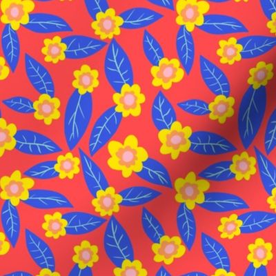 Sunny Yellow Flowers with Electric Blue Leaves on a Coral Red Background - 5x5