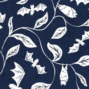 Bat Forest - cute bats among leaves - textured navy and white - large