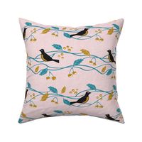 Mid Century Robins and Cherries Pink