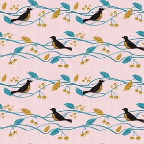 Mid Century Robins and Cherries Pink