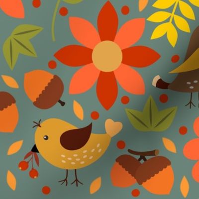 Autum Birds and Leaves - sage background