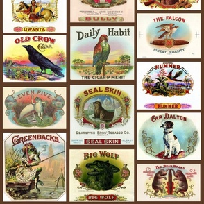 cigar box labels with animals brwn background