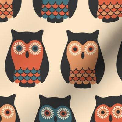 Retro folk owls repeat cream terracotta blue