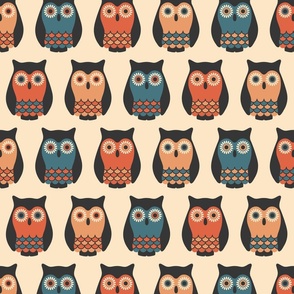 Retro folk owls repeat cream terracotta blue