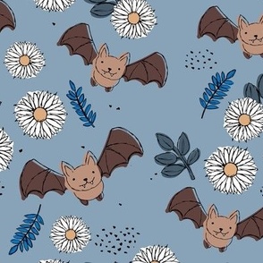 Adorable kawaii freehand bats and daisies fall lower garden boho halloween design cool blue 