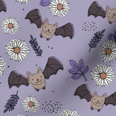 Adorable kawaii freehand bats and daisies fall lower garden boho halloween design lilac lavender purple