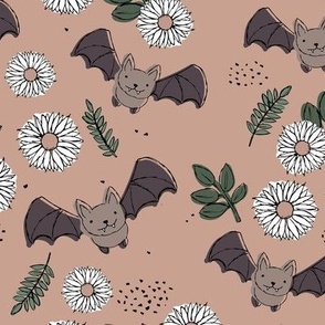 Adorable kawaii freehand bats and daisies fall lower garden boho halloween design latte beige green gray